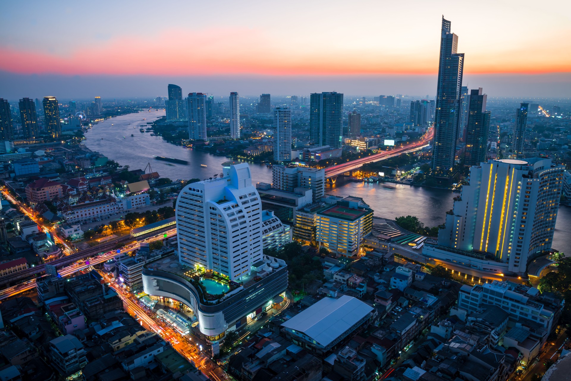 Bangkok downtown capital city in beautiful twilight evening.