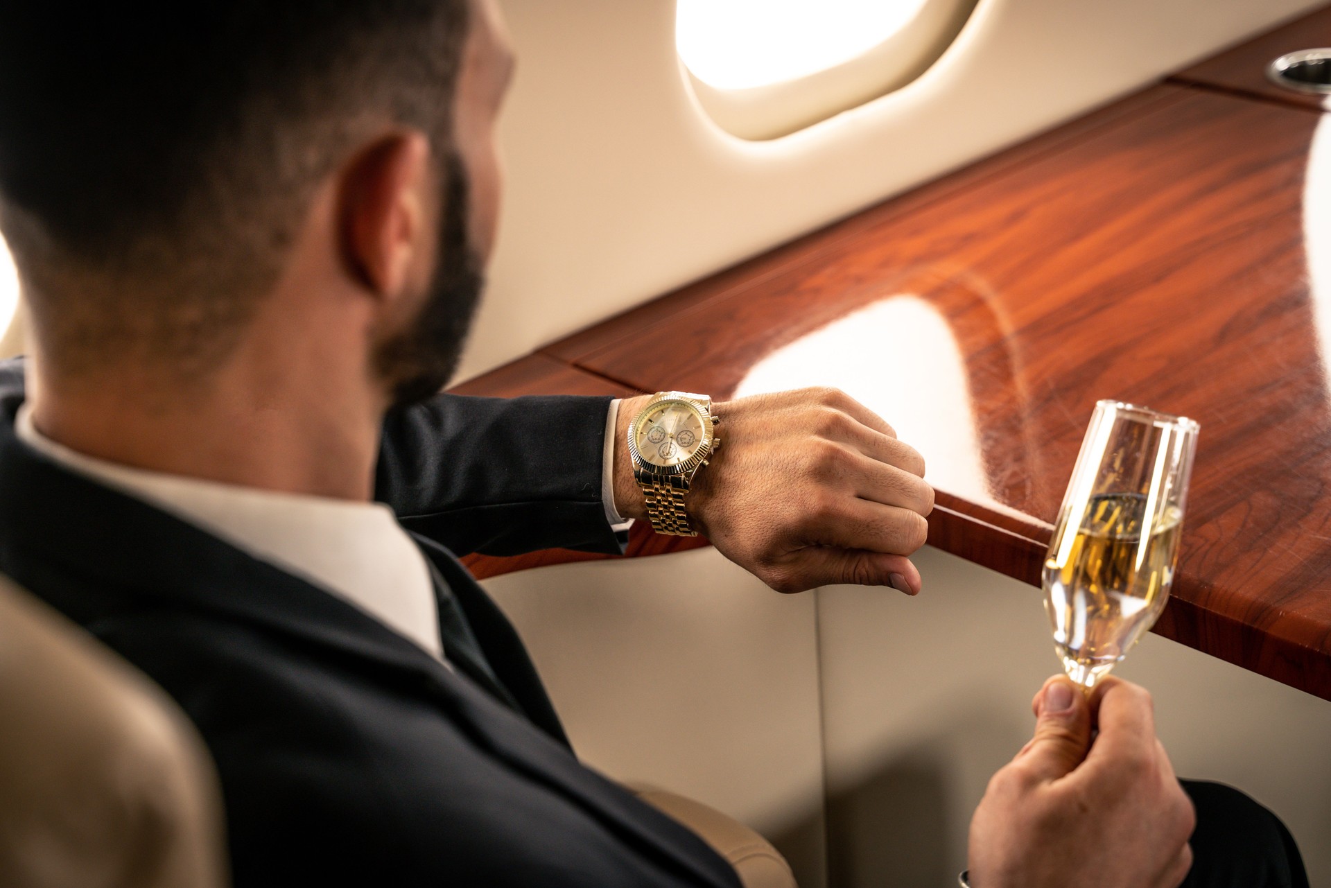 Businessman flying on private jet